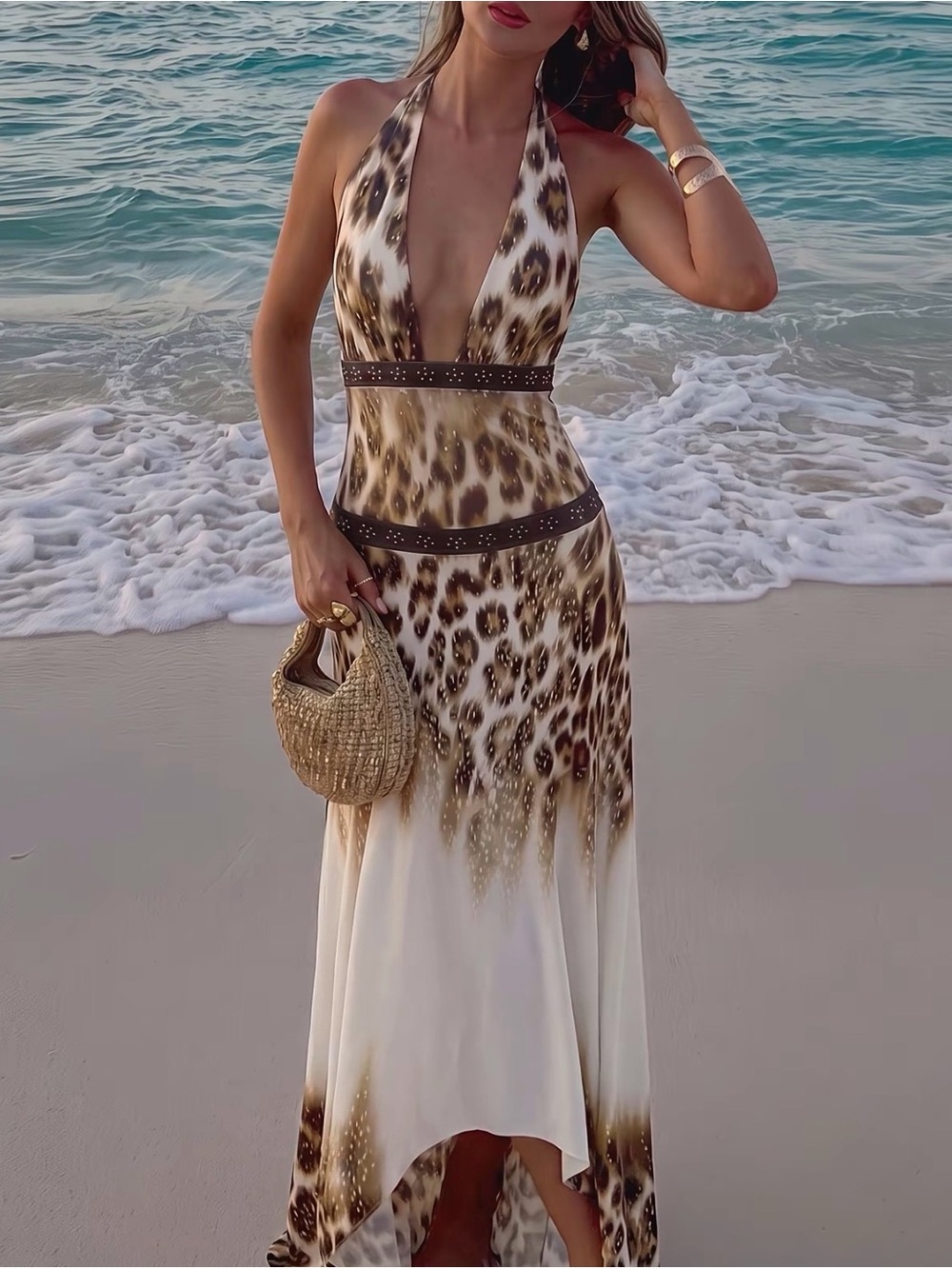 Women's Halter Leopard Print Maxi Dress - Brown Cream